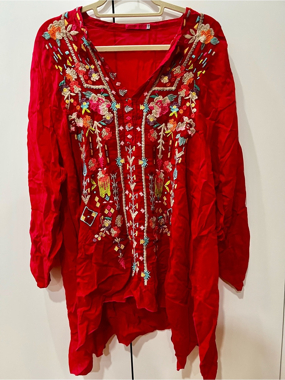 Johnny Was Red Embroidered Tunic Top